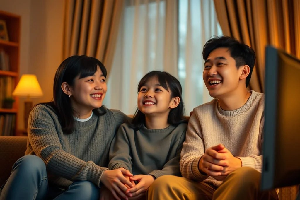 ครอบครัวนั่งดูทีวีอย่างมีความสุข